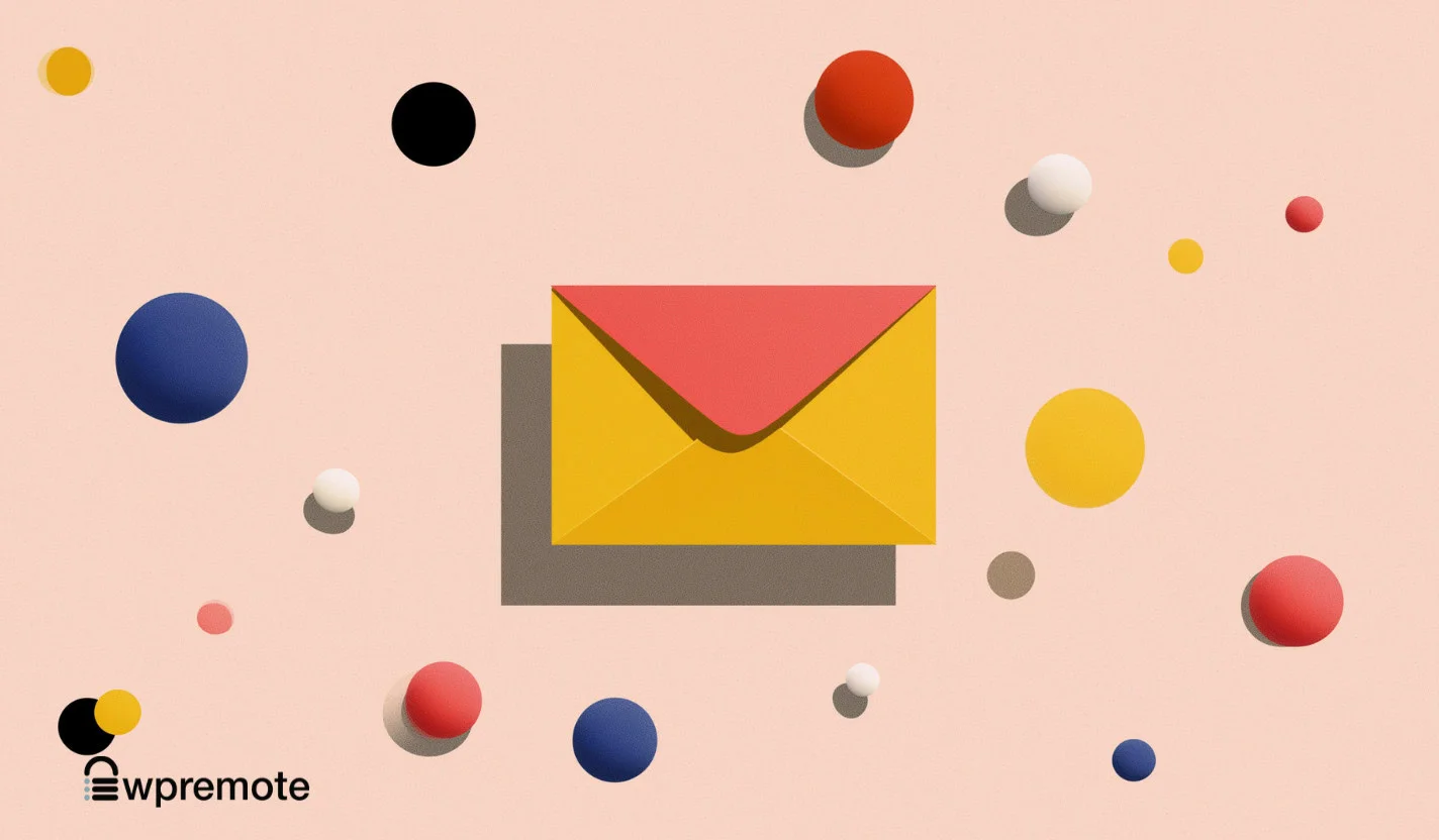 Yellow and red envelope icon on soft pink background with colorful spheres - WP Remote email management tool.