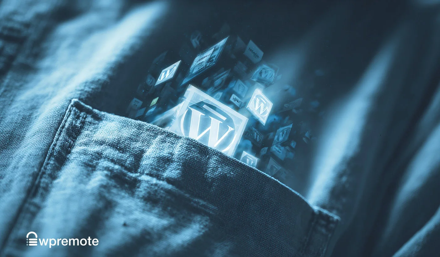 WordPress logo emerging from denim pocket, representing WP Remote website management and plugin updates.