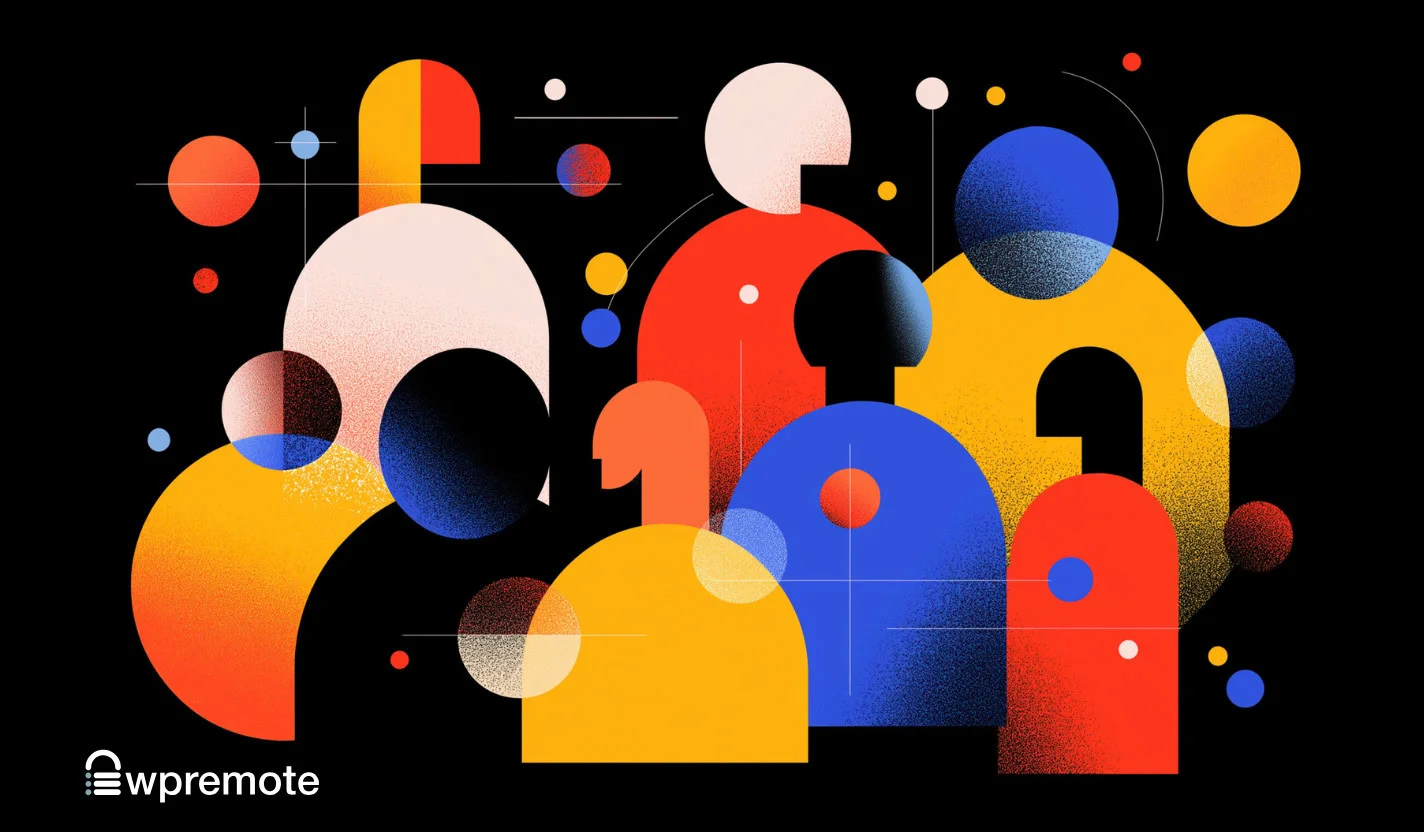 Group of colorful abstract geometric shapes on black background, digital art, modern design for WP Remote SEO images.