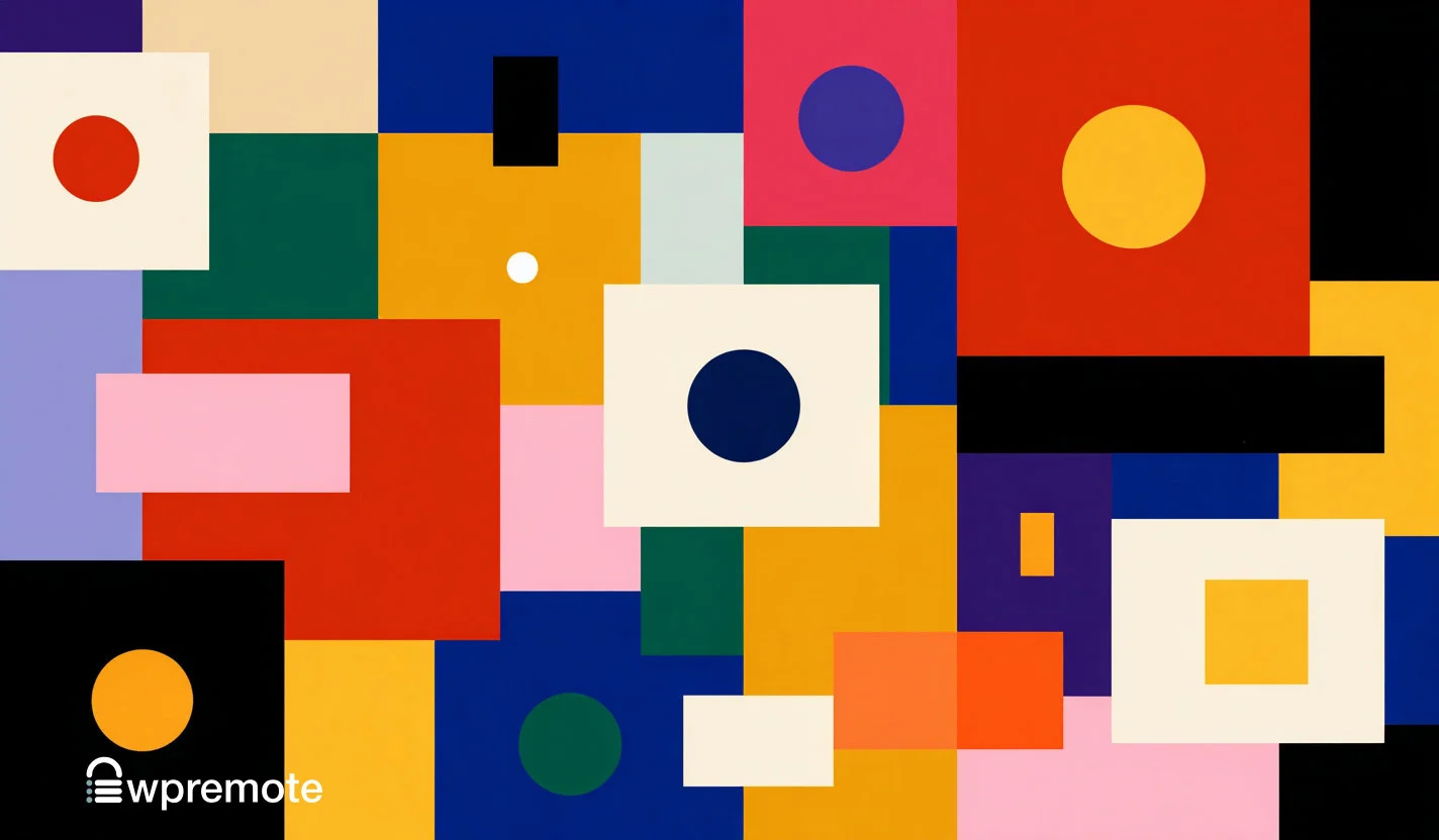 Red, yellow, blue, green, pink geometric squares and circles, abstract art for WP Remote SEO image.