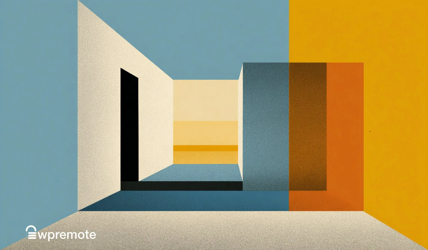 Blue, beige, orange, and gray abstract interior design illustration.
