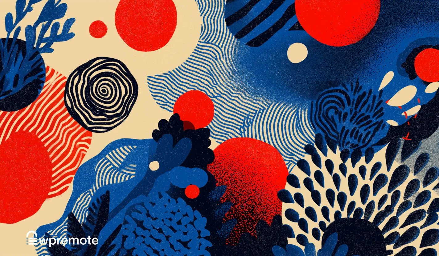 Blue abstract digital art pattern with red and black accents, promoting WP Remote website management tools.