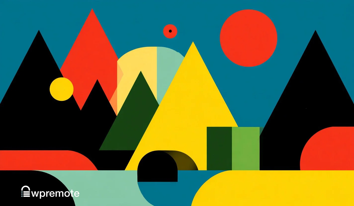 Mountains in abstract geometric style with colorful shapes and sun in the background, representing creative digital artwork.